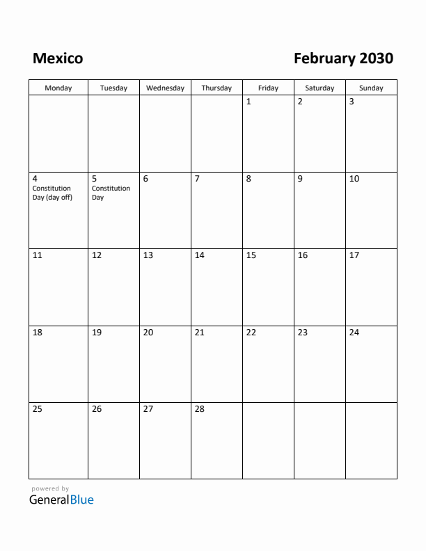 February 2030 Calendar with Mexico Holidays