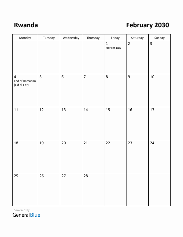 February 2030 Calendar with Rwanda Holidays