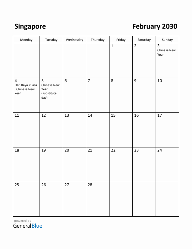 February 2030 Calendar with Singapore Holidays