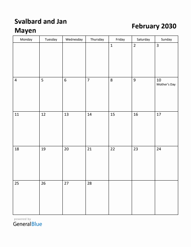 February 2030 Calendar with Svalbard and Jan Mayen Holidays