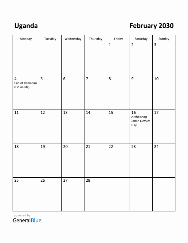 February 2030 Calendar with Uganda Holidays