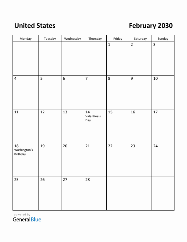 February 2030 Calendar with United States Holidays