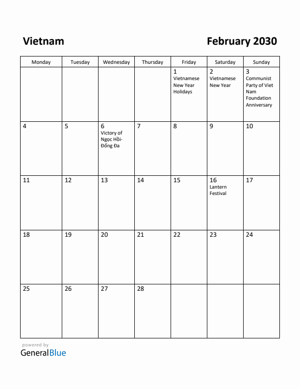 February 2030 Calendar with Vietnam Holidays