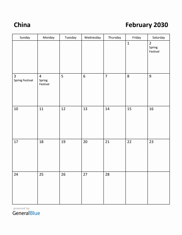 February 2030 Calendar with China Holidays