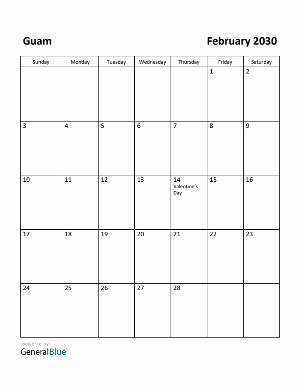 February 2030 Calendar with Guam Holidays