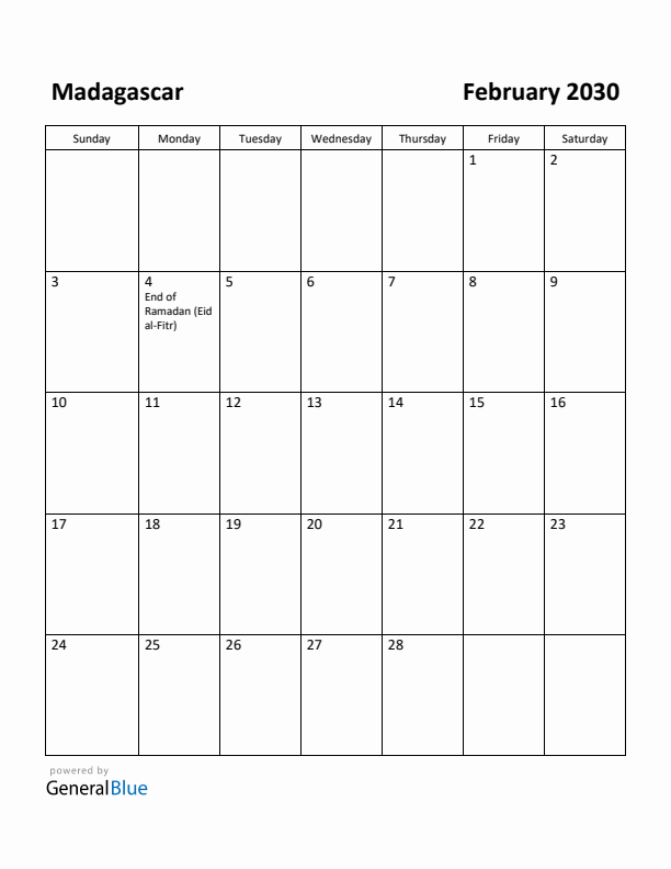 February 2030 Calendar with Madagascar Holidays