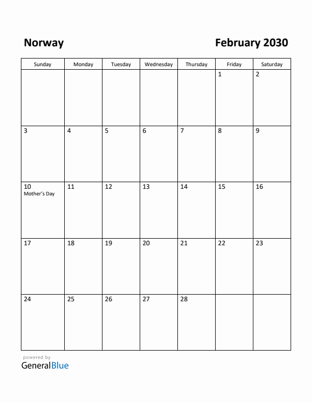 February 2030 Calendar with Norway Holidays