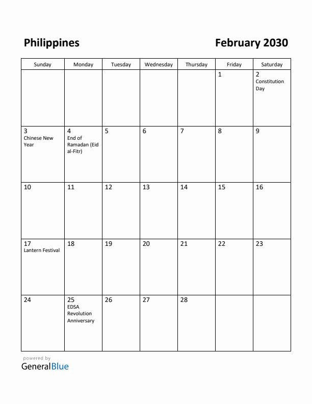 February 2030 Calendar with Philippines Holidays