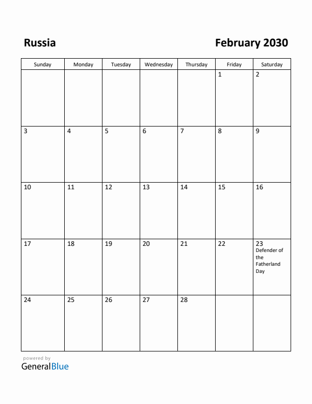 February 2030 Calendar with Russia Holidays