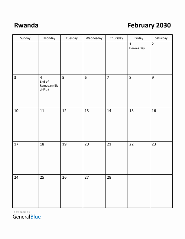 February 2030 Calendar with Rwanda Holidays