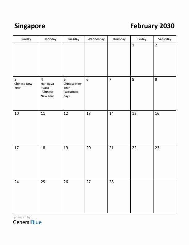 February 2030 Calendar with Singapore Holidays