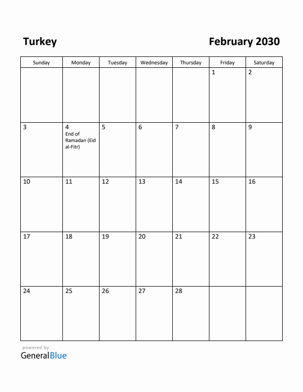 February 2030 Calendar with Turkey Holidays