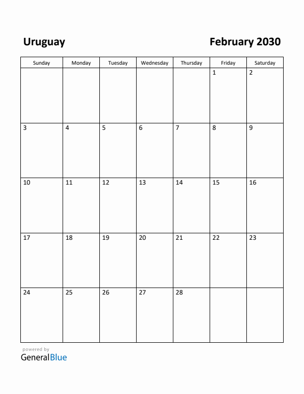 February 2030 Calendar with Uruguay Holidays