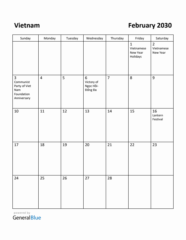 February 2030 Calendar with Vietnam Holidays