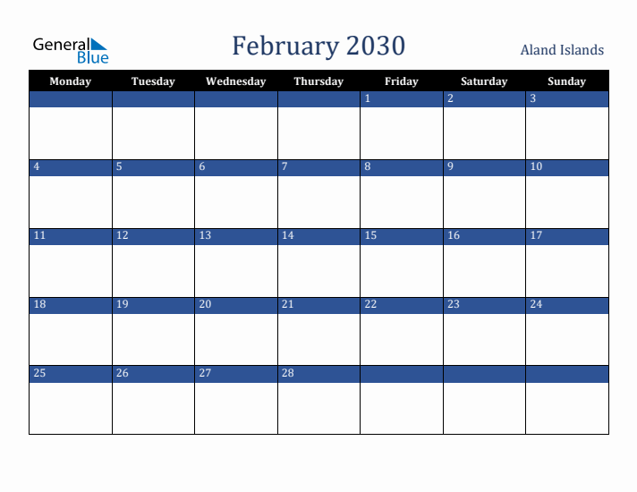 February 2030 Aland Islands Calendar (Monday Start)