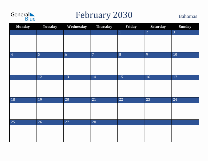 February 2030 Bahamas Calendar (Monday Start)