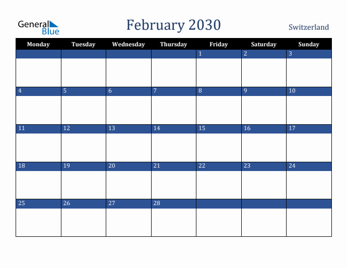 February 2030 Switzerland Calendar (Monday Start)