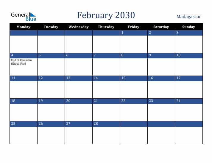 February 2030 Madagascar Calendar (Monday Start)