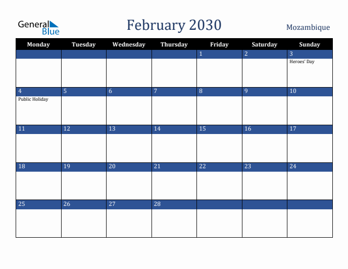 February 2030 Mozambique Calendar (Monday Start)