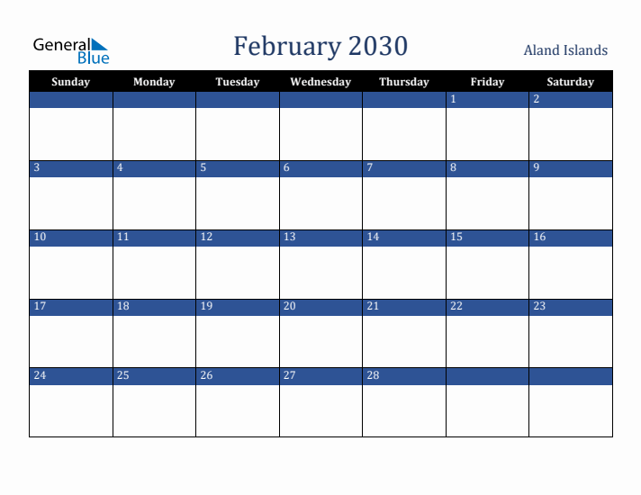 February 2030 Aland Islands Calendar (Sunday Start)