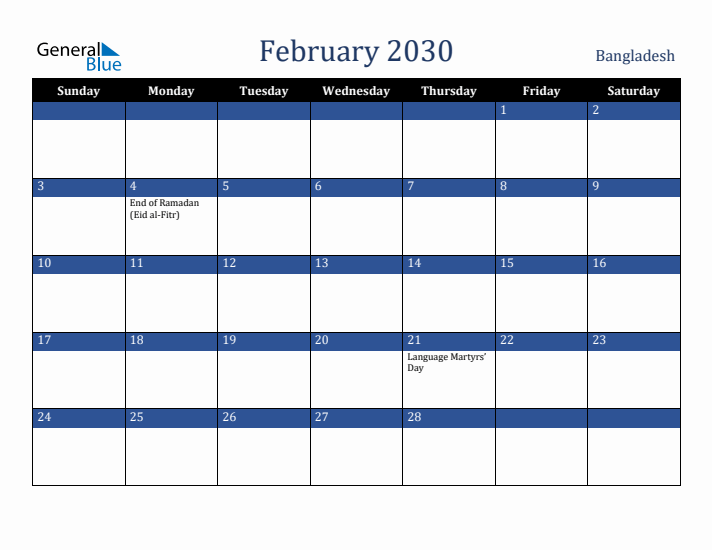 February 2030 Bangladesh Calendar (Sunday Start)