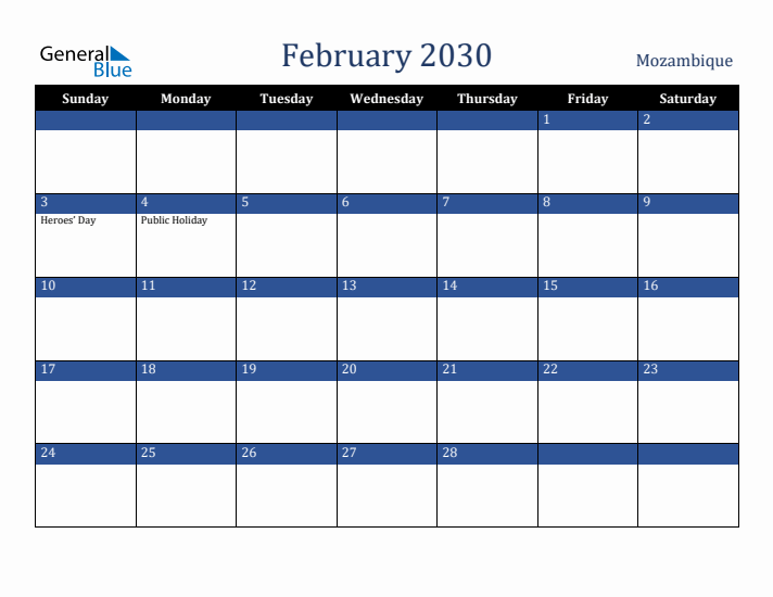 February 2030 Mozambique Calendar (Sunday Start)