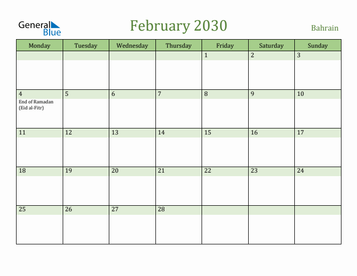 February 2030 Calendar with Bahrain Holidays