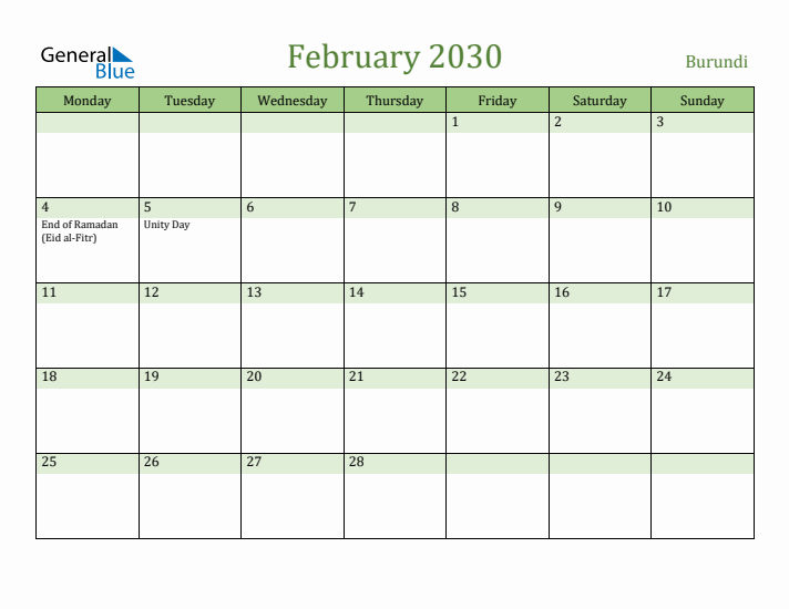 February 2030 Calendar with Burundi Holidays