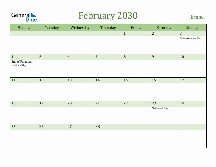 February 2030 Calendar with Brunei Holidays