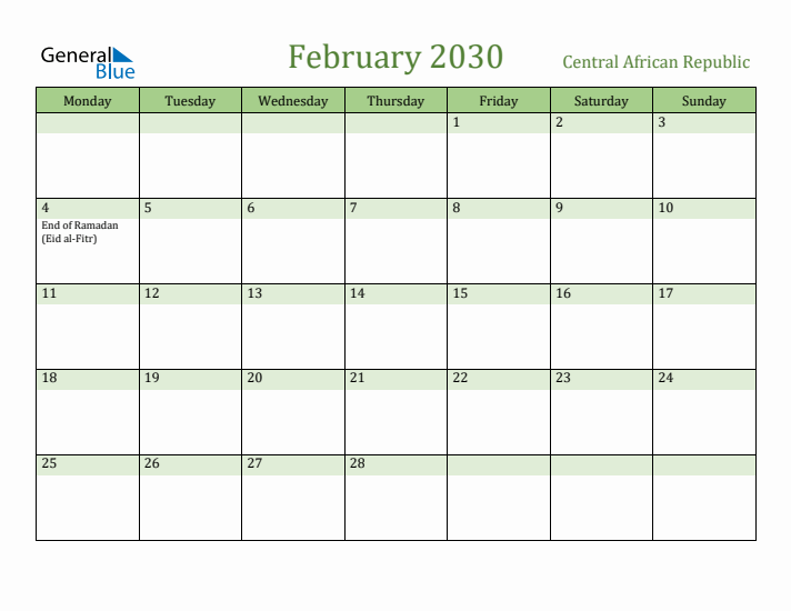 February 2030 Calendar with Central African Republic Holidays