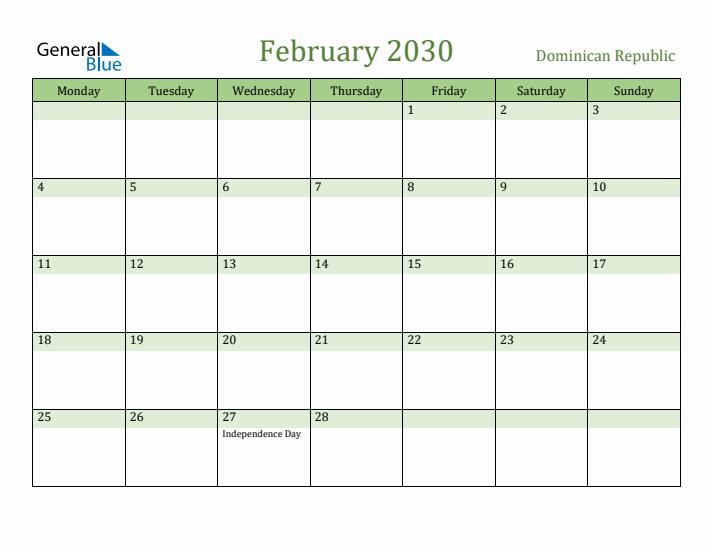 February 2030 Calendar with Dominican Republic Holidays