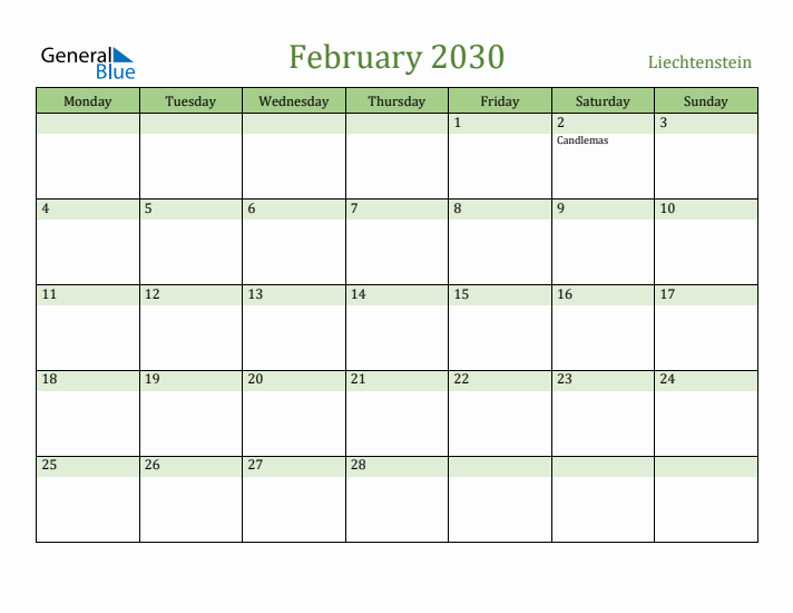 February 2030 Calendar with Liechtenstein Holidays