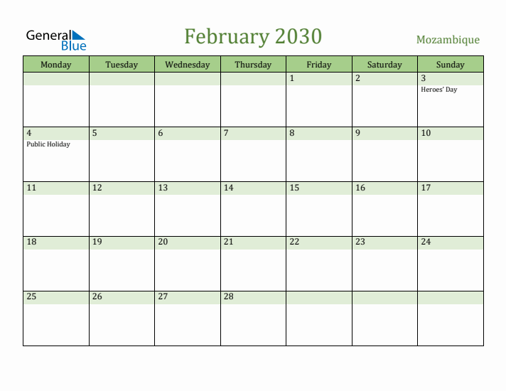 February 2030 Calendar with Mozambique Holidays