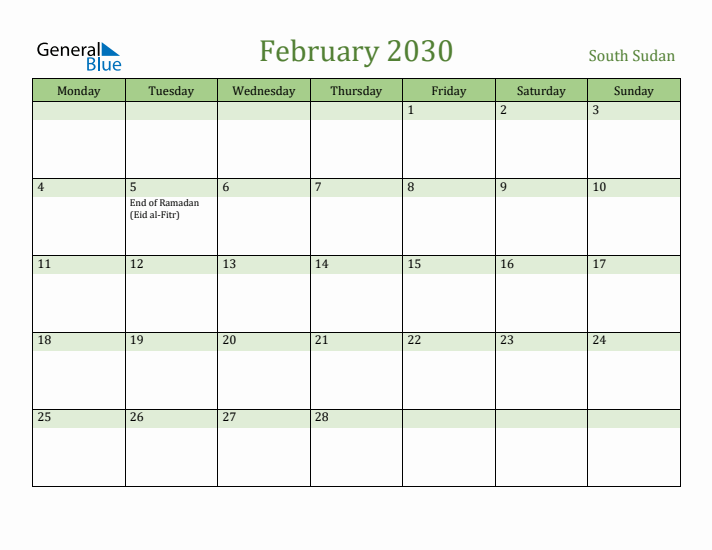 February 2030 Calendar with South Sudan Holidays