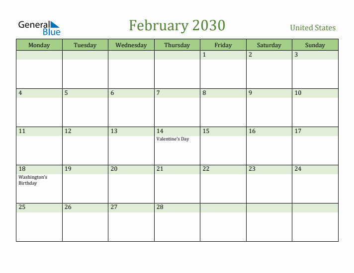 February 2030 Calendar with United States Holidays