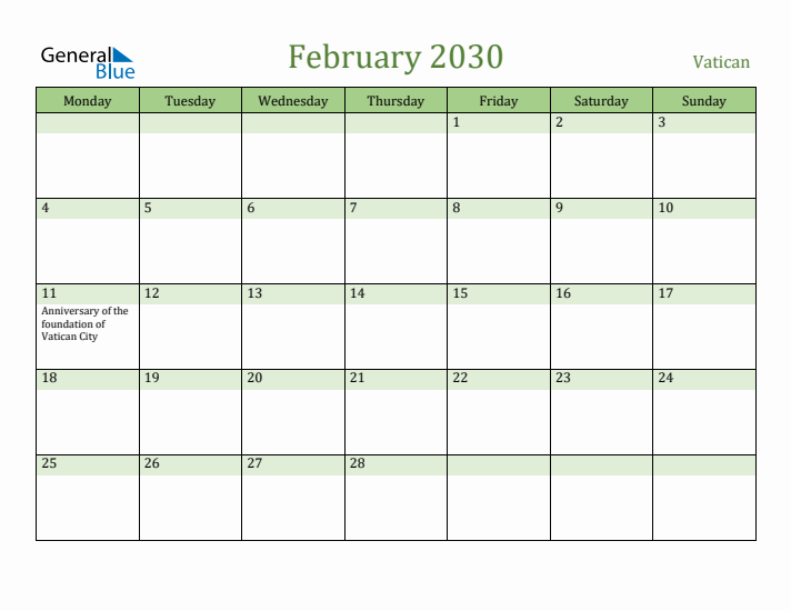 February 2030 Calendar with Vatican Holidays