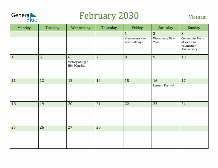 February 2030 Calendar with Vietnam Holidays