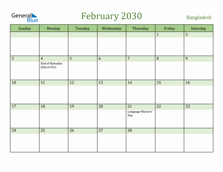 February 2030 Calendar with Bangladesh Holidays