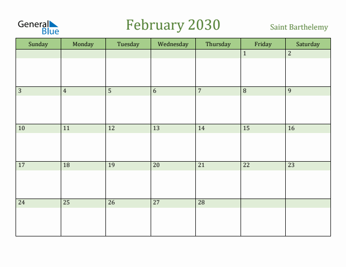 February 2030 Calendar with Saint Barthelemy Holidays