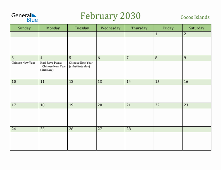 February 2030 Calendar with Cocos Islands Holidays