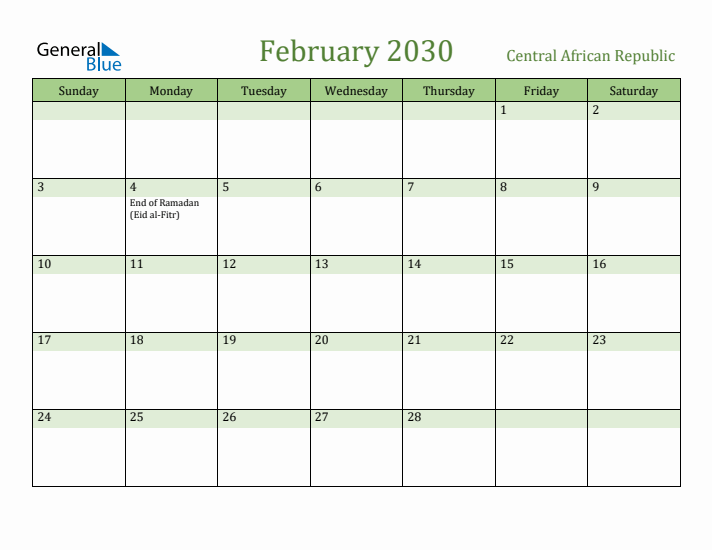 February 2030 Calendar with Central African Republic Holidays