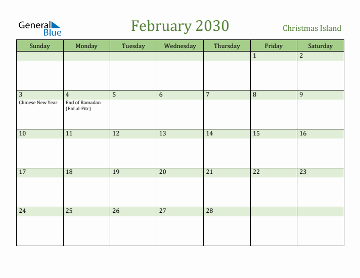 February 2030 Calendar with Christmas Island Holidays