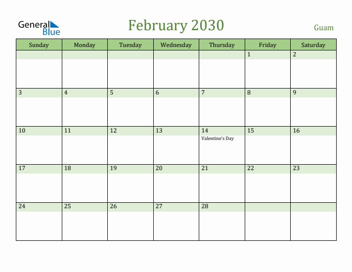 February 2030 Calendar with Guam Holidays