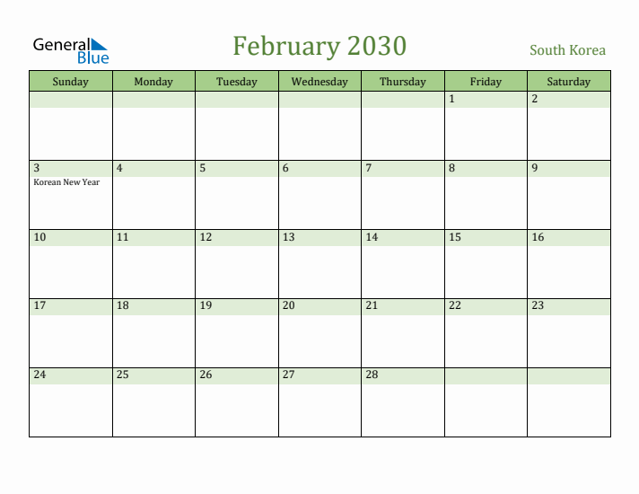 February 2030 Calendar with South Korea Holidays