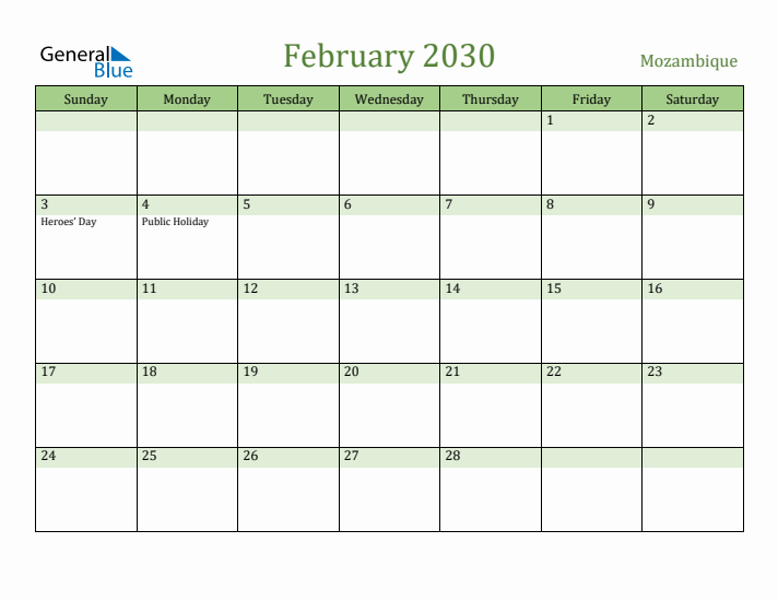 February 2030 Calendar with Mozambique Holidays