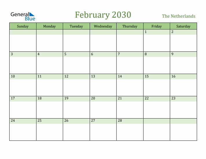 February 2030 Calendar with The Netherlands Holidays