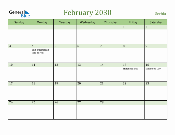 February 2030 Calendar with Serbia Holidays