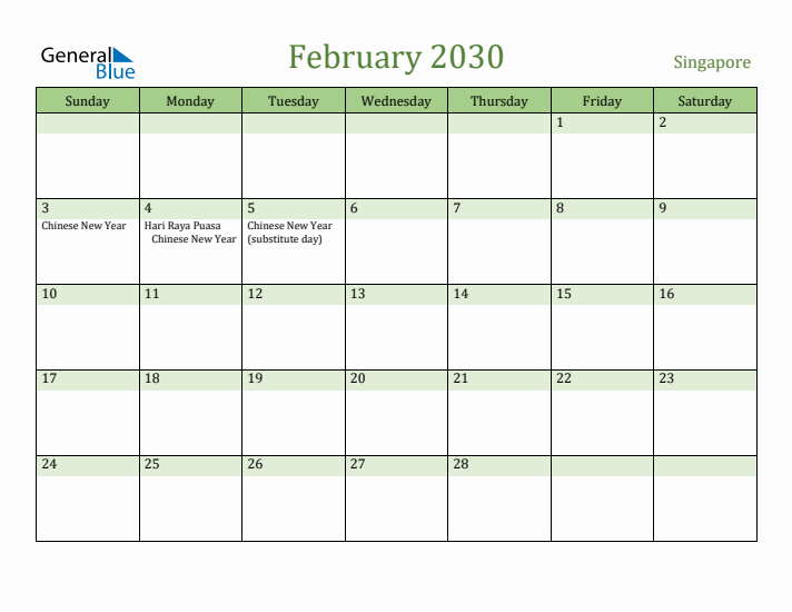 February 2030 Calendar with Singapore Holidays