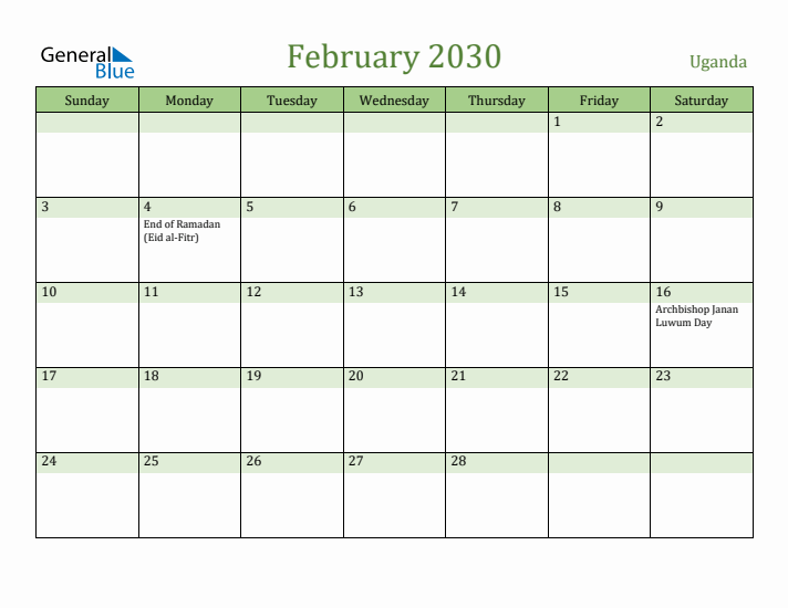 February 2030 Calendar with Uganda Holidays