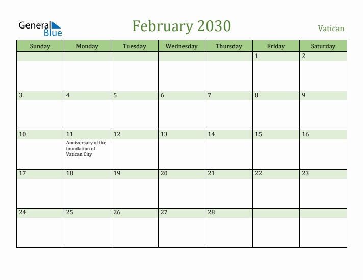 February 2030 Calendar with Vatican Holidays